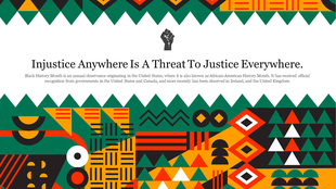 Black fist icon above centered text on white, bordered with African inspired patterns and zigzag edges top and bottom.