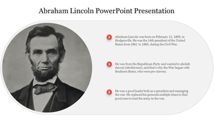 Black and white portrait of Abraham Lincoln with a brief description of his life and presidency.