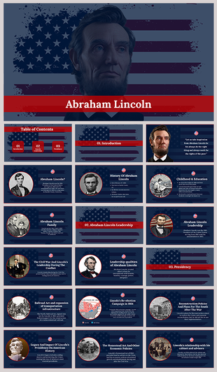 Portrait of Abraham Lincoln in front of a distressed American flag, with a red banner displaying his name at the bottom.