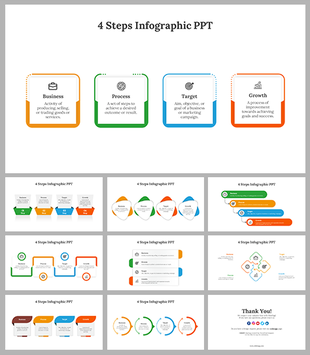 Slide deck with four steps in colorful layouts, illustrating business, process, target, and growth stages.