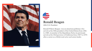 Portrait of Ronald Reagan, 40th U.S. president, in front of an american flag backdrop, highlighting his political legacy.