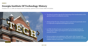 Red brick Georgia Tech tower with tech sign on left; right side features school history highlights in white bullet points.