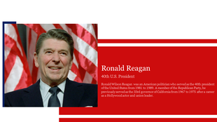 Ronald Reagan's portrait with a description of his presidency and political background, placed on a red-themed slide.
