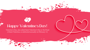 Romantic illustration with overlapping outlined hearts and Valentine's Day text on a pink backdrop.