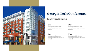 Slide with Georgia tech conference details, featuring a building image and four service categories with caption areas. 