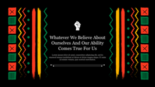 Central quote with raised fist icon above, bordered by colorful tribal-style vertical patterns on a black background.