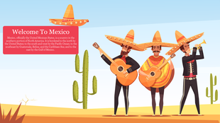 Slide featuring three musicians in traditional mexican attire playing guitars and trumpet with a desert background and cacti.