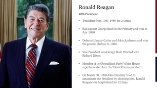 Slide featuring Ronald Reagan, 40th President, with key facts about his presidency and accomplishments.