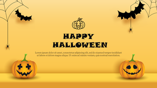 Halloween slide with a yellow backdrop, featuring pumpkins with unique faces, black bats, and spider webs scattered across.