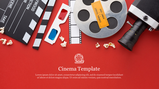 A red slide featuring a clapperboard, 3D glasses, a film reel, a camera, popcorn, and a cinema ticket, with a caption area.
