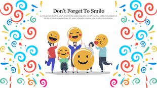 Slide with illustrated people holding large yellow smiley faces, surrounded by swirly confetti shapes in various colors.