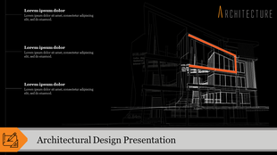 Sleek black and white architectural design slide with highlighted orange lines outlining a specific section of the building.