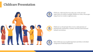 Illustration of a woman with five children and three circular icons with text, all in blue and yellow accents.