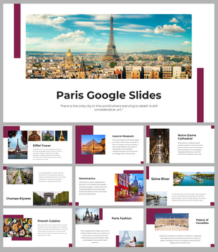 A pack of paris themed slides featuring the eiffel tower and popular landmarks like the louvre and notre dame cathedral.