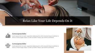 Slide features spa treatment including threading and facial quote in center with icons and wellness text on white background.