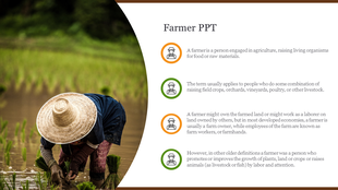 A picture of a farmer planting crops in a rice field alongside key points on the role of farmers with icons.