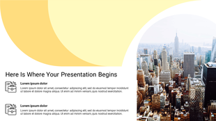A stylish PowerPoint template with yellow accents, featuring a cityscape image and placeholders for content.