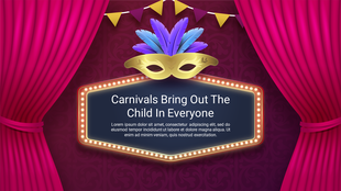 Elegant carnival slide with a golden mask, feathers, illuminated text area, and dramatic pink curtain framing.