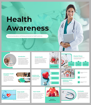 Health awareness template featuring a doctor holding a clipboard, with various slides focused on wellness topics.