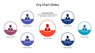 A colorful organizational chart PPT slide with circular icons and placeholder text for job positions.