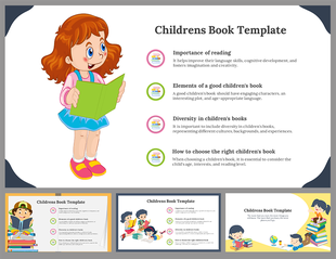 Colorful children's book slides showcasing the importance of reading and the elements of a good book.