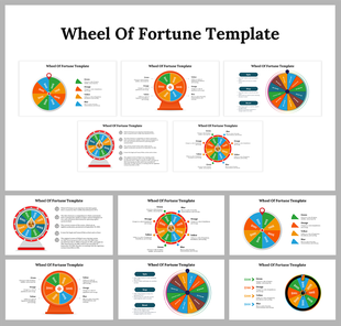 Set of slides featuring wheel of fortune designs, with distinct color segments, monetary amounts, and descriptive labels.
