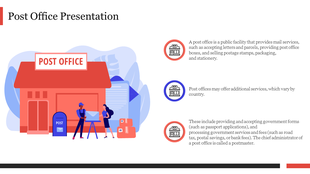 Illustration of a red post office building with people, and three bullet points with circular icons on the right.