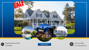 Real estate slide featuring a house for sale, three circular images of properties, contact details, and a book now button.