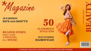 Magazine style layout in orange tones, highlighting a stylish woman and bold typography for fashion tips.