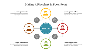 Flowchart template with a central blue node branching into four color-coded user icons, surrounded by smaller gray icons.