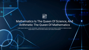 Mathematics slide featuring geometric shapes, equations, and a central quote on a theme of dark background.