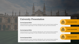 University slide with a background of a classic stone campus building and three orange text boxes with building icons.