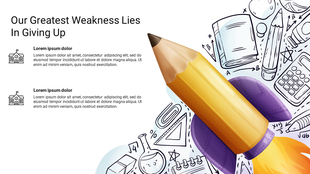 Education themed layout featuring a rocket shaped pencil surrounded by school doodles, with left aligned text sections.