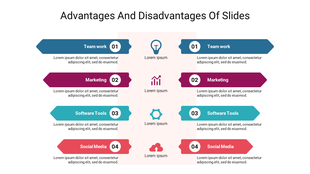 Slide comparing advantages and disadvantages with four points with colorful icons and placeholder text.