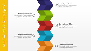 Vertical stack of five 3D arrows in purple, green, red, blue, and orange, each linked to icons and text, with yellow sidebar.
