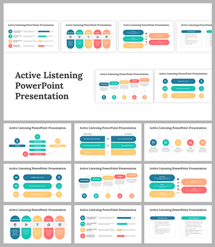 Set of active listening-themed slide deck with infographics and multicolored design elements.