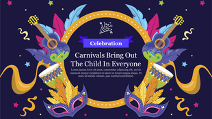 Dark background carnival scene with stars, ribbons, guitars, and drums framing a central title and purple celebration banner.