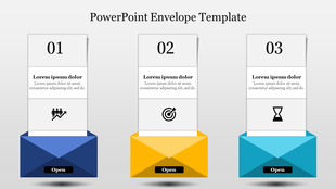Three colored envelopes in blue, yellow, and teal with numbered cards inside, displaying icons and text.