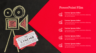 Film themed slide featuring a chalk drawn camera and movie ticket, with media icons and text, set against a red backdrop.