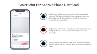 PowerPoint slide for Android phone showing an Instagram post layout with Android information and icons.