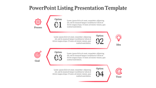 Slide with four red outlined hexagonal boxes, labeled 1 to 4, aligned vertically, with icons and text on a white background.