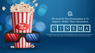 Movie slide showing popcorn and 3D glasses on the left, with cinema text, on a blue gradient background.