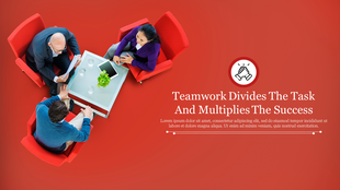 Top view of three people seated around a small table on red chairs, with a teamwork-related message on the right.