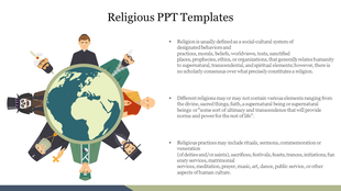 Illustration of a globe encircled by various religious characters, with text on the right explaining different beliefs.