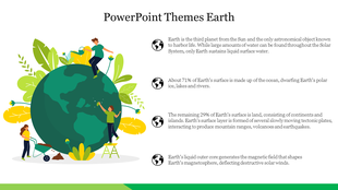 A slide features people interacting with a globe, representing Earth's surface, oceans, and landmasses.