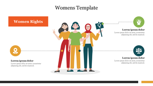 Illustration of three women, one holding a female symbol sign, with connected circular icons for location and legal rights.