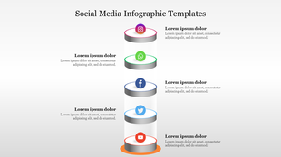 Vertical layout with colorful circular icons for social media in pink, green, blue, teal, and orange, on a light background.