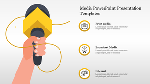 PowerPoint slide showcasing three media types Print Media, Broadcast Media, and Internet, with corresponding icons for each.