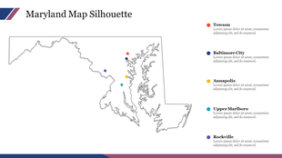 A Maryland map silhouette with labeled locations such as Towson, Baltimore City, and Annapolis on a white backdrop.