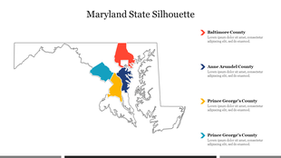 Maryland state silhouette with color coded regions from Baltimore to Prince George's counties, with captions for each.